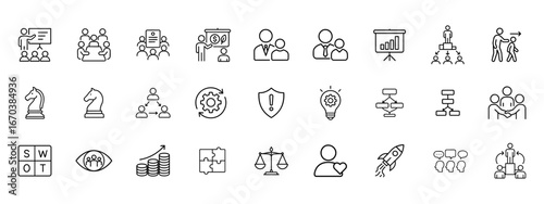 Quadro su tela Business Leadership Line Icons Set  thin Stroke Vector  Strategy, Teamwork, Mana