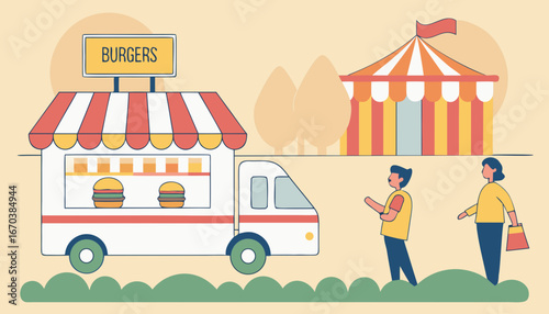 Food truck with burgers. Man cooking and selling food at fair flat vector illustration. Fast food concept for banner or landing page