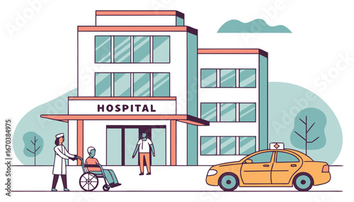 Patients, nurse, visitors and taxi in front of hospital. Wheelchair, baby, car flat vector illustration. Building exterior and medicine concept for banner, website design or landing web page