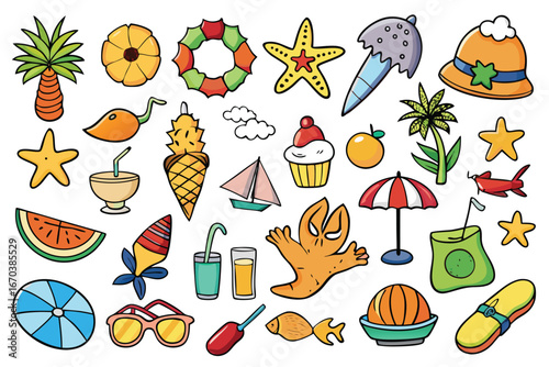 Vector art of collection of summer vacation and beach icons including ice cream, sunglasses, palm trees, and beach umbrella