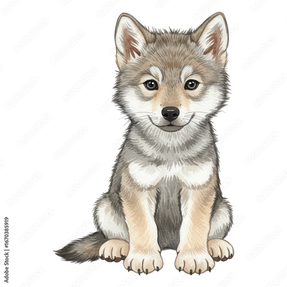 Fototapeta premium Watercolor illustration of a young wolf cub sitting and looking at the viewer isolate