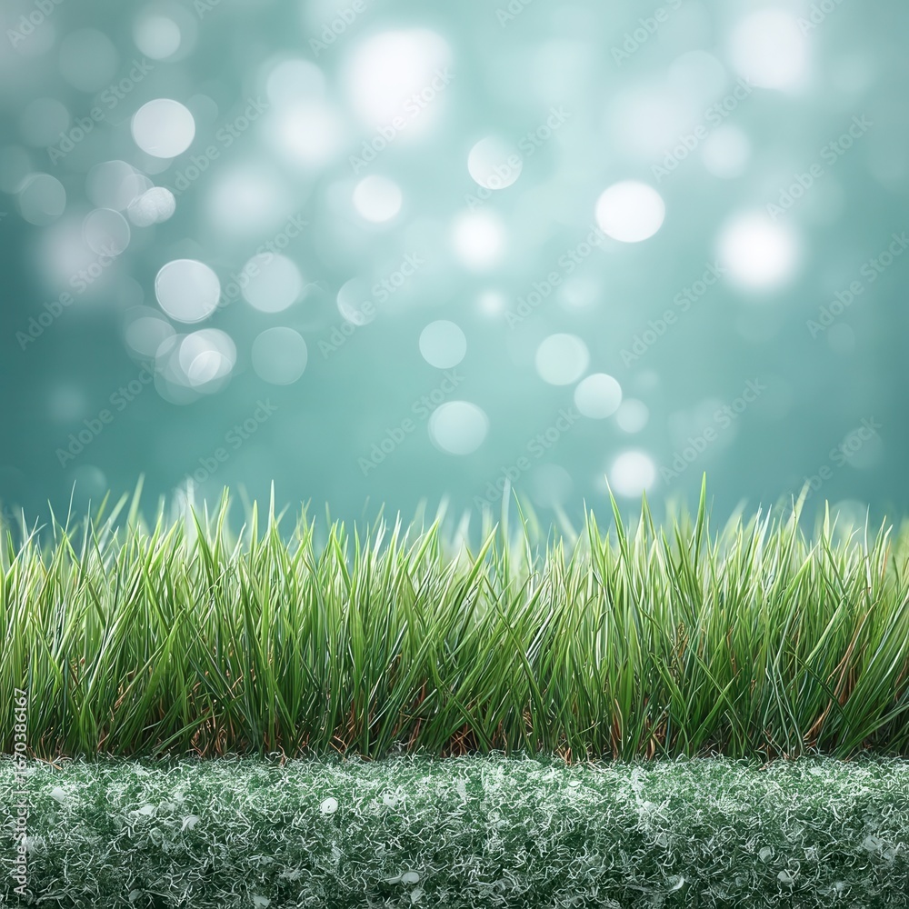 Fototapeta premium Fresh green grass with dewdrops glistening under soft light against a blurred blue bokeh background.