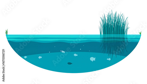 Stylized cross-section of a pond with plants, fish and clean transparent water illustrating