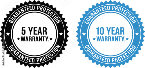 5 Year Warranty and 10 Year Warranty Guaranteed Protection Seals | Black and Blue Assurance Stamps for Product Marketing and Customer Service