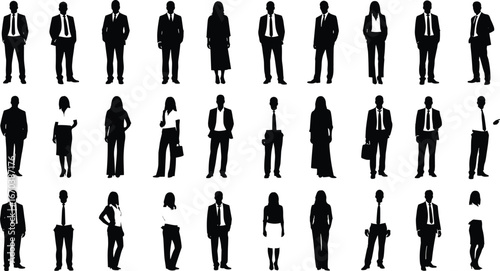 Black silhouettes of business professionals in formal attire, various poses, corporate diversity, workplace design, vector illustration for office themes