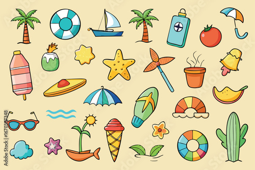 Vector art of assortment of cheerful summer holiday icons featuring palm trees, sunglasses, ice cream, beach ball, and tropical elements