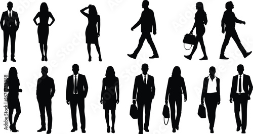 Black silhouettes of male and female business professionals in formal attire, diverse poses, workplace diversity, corporate design, vector illustration