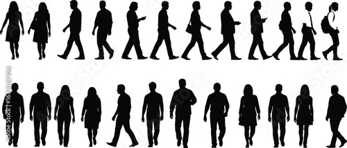 Black silhouettes of people walking in side and front views, diverse poses, gait analysis, animation reference, human motion vector illustration