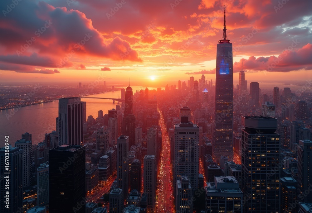Obraz premium dramatic cityscape at dusk with fiery sun setting behind skyscrapers and illuminated streets amidst vibrant orange and red cloudscape over urban skyline and river, fiery, dynamic, enchanting, scenic