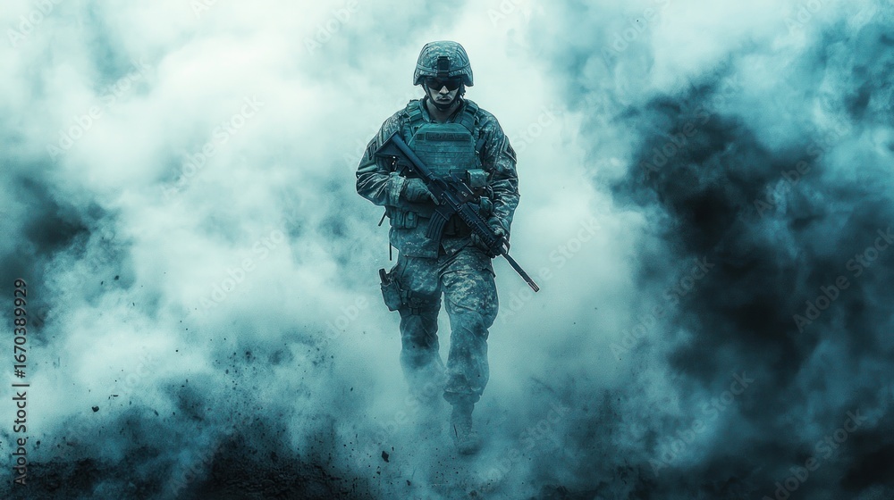 Fototapeta premium Soldier walks through smoke