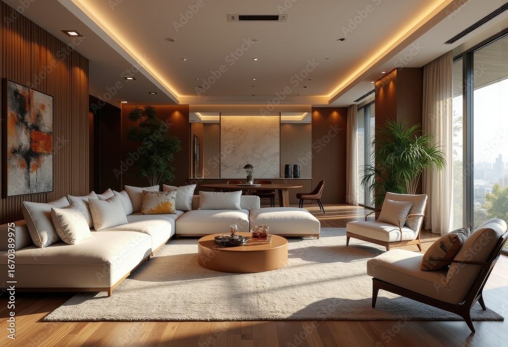 Fototapeta premium luxurious modern living room with l-shaped sofa, elegant lighting, large windows overlooking cityscape, and contemporary art accents on polished wooden floors, symmetry, balance, contrast