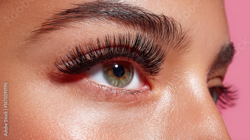 Closeup of green eye with long false lashes, natural eyebrow, and smooth skin on pink background, highlighting beauty and glamour in makeup application