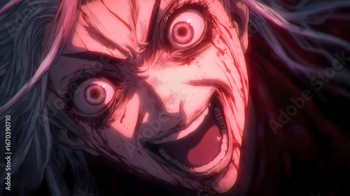 

A furious woman from an anime with a crazed look in her eyes, laughing wickedly with eyes red like blood.