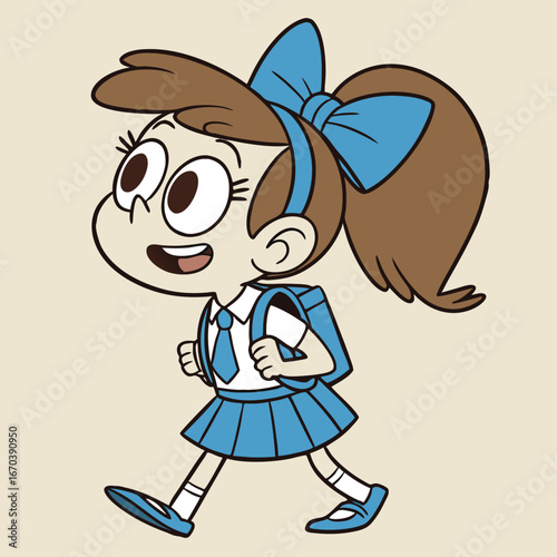 Cartoon of a smiling schoolgirl with large eyes, brown ponytail tied with a blue bow, wearing a white shirt, blue tie, blue skirt, and blue shoes, carrying a blue backpack.
