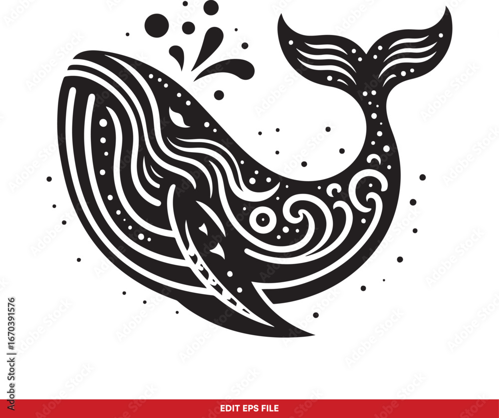 Fototapeta premium Stylized Ornamental Whale Spouting Water Vector Illustration