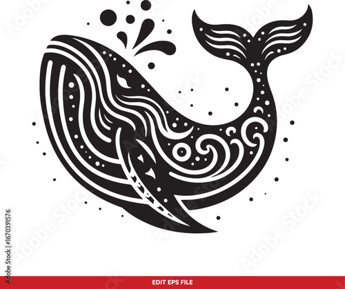 Stylized Ornamental Whale Spouting Water Vector Illustration