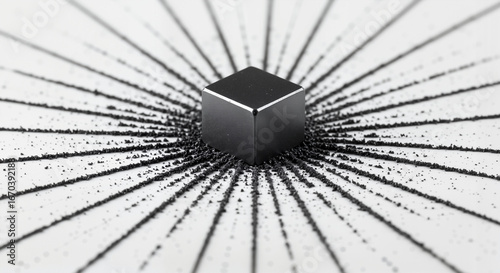 Iron filings forming sharp symmetrical magnetic field lines around cube  