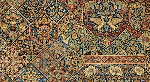 Intricate tapestry featuring griffins, floral motifs, and geomet