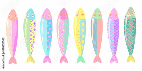 Collection of nine colorful patterned fish with whimsical designs on a white background