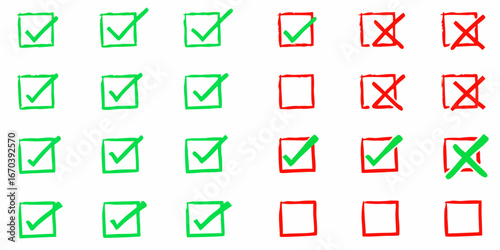 Grid of Hand Drawn Check Marks and Crosses in Green and Red Boxes tick