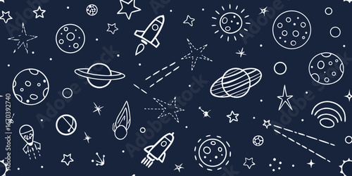 Whimsical hand drawn space objects and rockets on a dark blue background cosmos galaxy