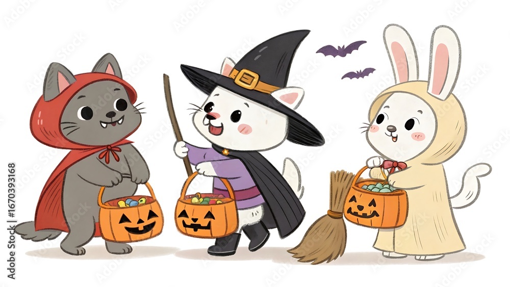 Fototapeta premium Adorable kittens dressed in halloween costumes holding trick or treat candy buckets