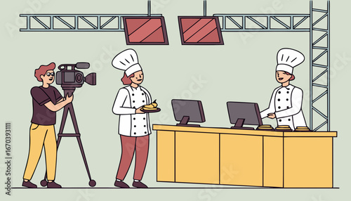Popular cooking show concept. Camera man and stage manager shooting smiling chefs cooking and talking at kitchen counter. For TV show production, television, coking contest topics 