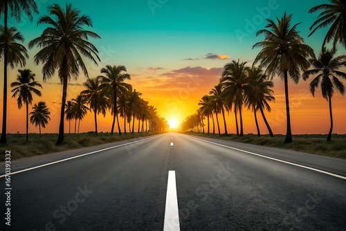 Fototapeta Naklejka Na Ścianę i Meble -  Scenic tropical road lined with palm trees leading to a vibrant sunset
