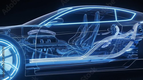 Futuristic Neon Blueprint Sports Car Interior Engine and Wheel Details Revealed in Blue Light.