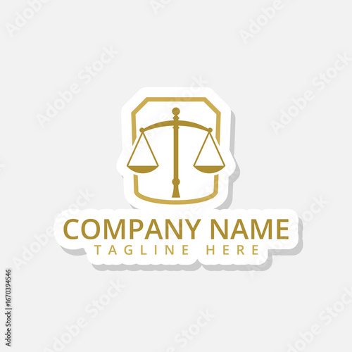  Scale justice and shield icon sticker isolated on gray background