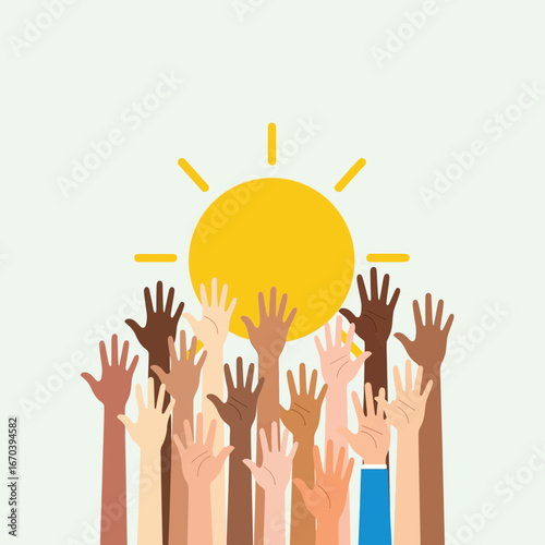 Many hands reach up towards a bright shining sun.