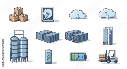Modern Logistics and Industry Icons Set Design, Illustrating Supply Chain, Energy, and Data Management, Perfect for Infographics and Digital Presentations, Originally a Vector Graphic