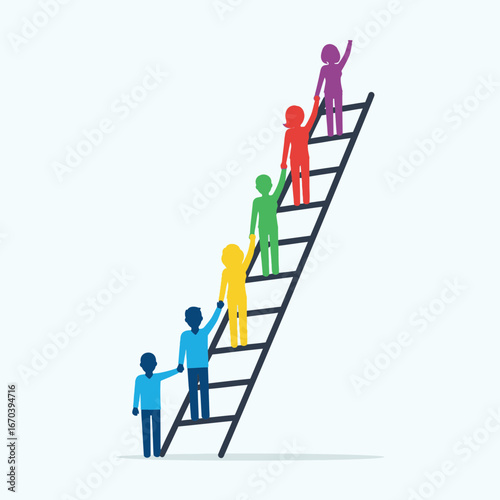 Colorful figures climb a ladder towards success.