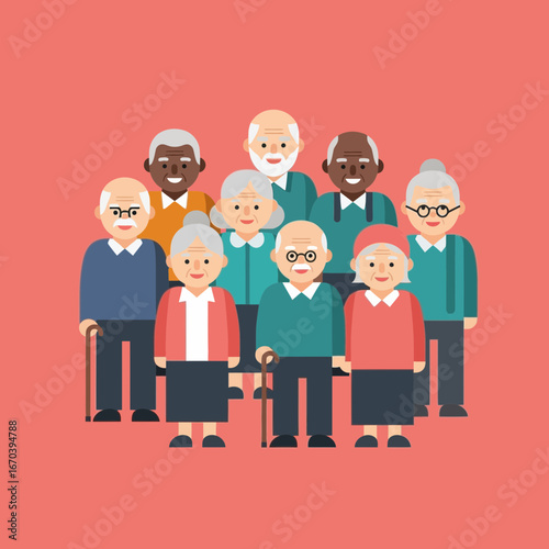Diverse group of elderly people standing together against a coral background.