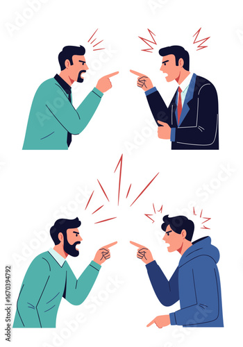 Conflict resolution needed two angry men arguing and pointing fingers in tense discussion at work