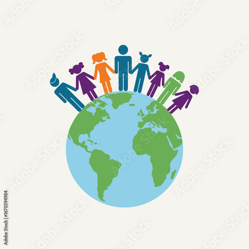 Diverse people holding hands around a colorful globe.