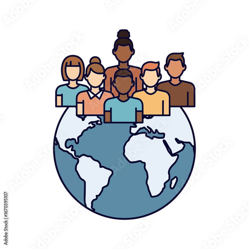 Diverse group of people standing on top of the world.