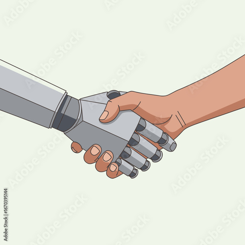 Human hand shakes robotic hand in agreement.