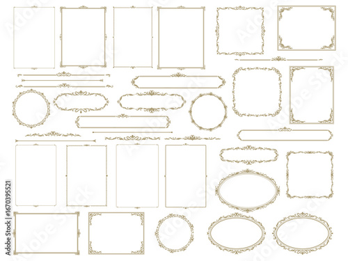Antique decor frame and border, vintage royal floral ornament pattern. Vector set of refined ornamental frames and dividers. Rectangular, oval, square, round shapes with floral and baroque flourishes