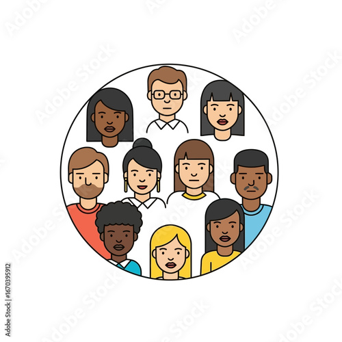 Diverse group of people depicted in a circular illustration.