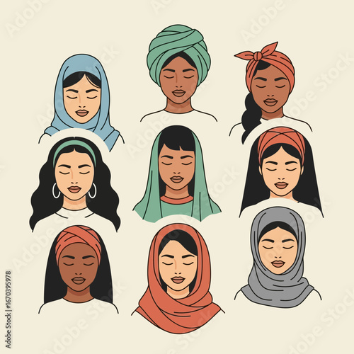 Diverse women depicted wearing head coverings and headscarves.