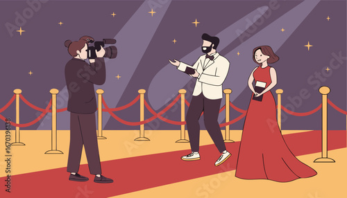 Reporter interviewing famous celebrity on red carpet. Cameramen filming movie stars at award show. Vector illustration for premier night, movie festival, celebrities party concept 