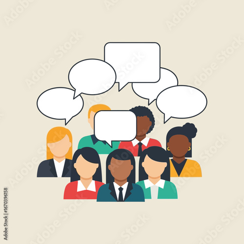 Diverse group of people communicating with speech bubbles.