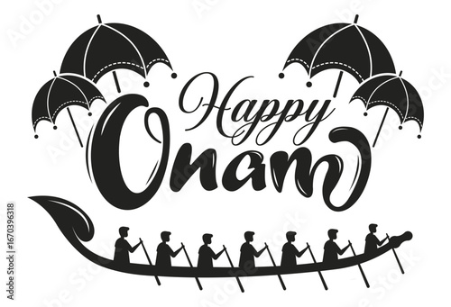 Minimalist black and white Happy Onam design featuring bold script text, traditional boat with rowers, and decorative umbrellas. Clean, flat, cultural, and festive illustration.
