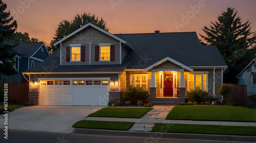 Wallpaper Mural sunset in the park, Cozy suburban house glowing warmly at dusk, evoking peaceful residential charmf Torontodigital.ca