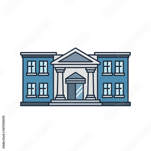 Blue building with columns and windows on white background.