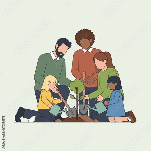 Diverse group of people tending to a small plant together.