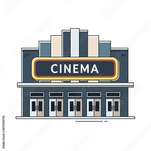 A stylized building with a sign that says cinema.