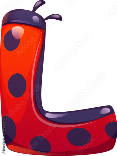 Ladybug cartoon font letter L. Red lady bug kids ABC font symbol, cute ladybird vector type letter. Spring insect cartoon typeset element or English alphabet typeface sign