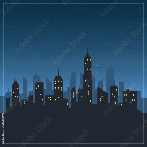 City skyline at night with illuminated buildings under a dark blue sky.